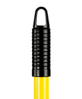 Close-up of Mini Rake With 18 Inch Handle And 6 Inch Head Lightweight Fiberglass Design Durable Steel Tines For Gardening De Thatching Lawn Care And Professional Landscaping showing yellow fiberglass handle with black grip