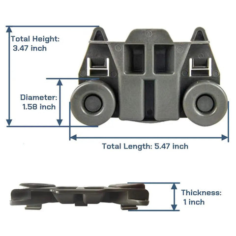 Beefed Up Dishwasher Wheel Set For Lower Rack 4 Pack W10195417 Replacement Rollers with dimensions, showing total height, diameter, length, and thickness