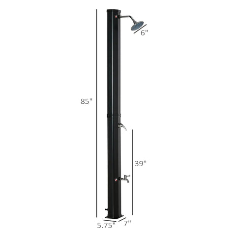 7Ft Outdoor Solar Heated Shower With 360 Degree Rotating Head, Foot Shower Faucet, Temperature And Pressure Control, Freestanding 9.2 Gallon Tank For Backyard Pool And Garden, side view with size measurements.