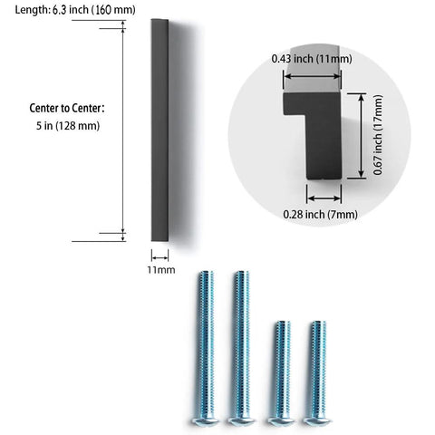 Black Tilted Aluminum Cabinet Handles 12 Pack 5 Inch 128mm Hole Centers Finger Pulls for Kitchen and Bathroom, side view with screws