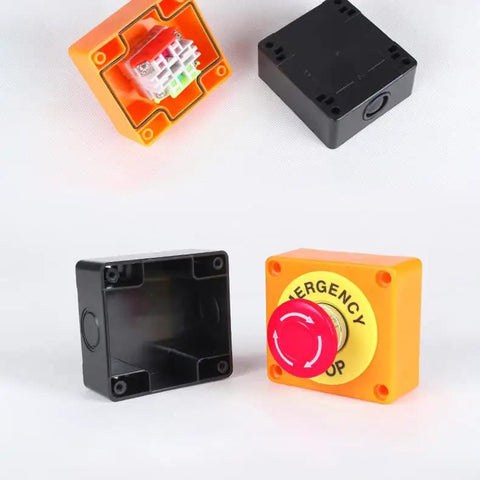 Red IP65 Waterproof Emergency Stop Push Button Switch With 1 NO 1 NC Contacts, DPST Constricting Action, 660V AC 10A, shown disassembled.