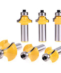 Top Shelf 6 Piece Half Inch Shank Router Bit Set For Flawless Corner Rounding And Edge Forming Hella Sharp Carbide Blades With Heat Resistant Teflon Coating For Killer Woodworking Results, showing six router bits with yellow Teflon coating.