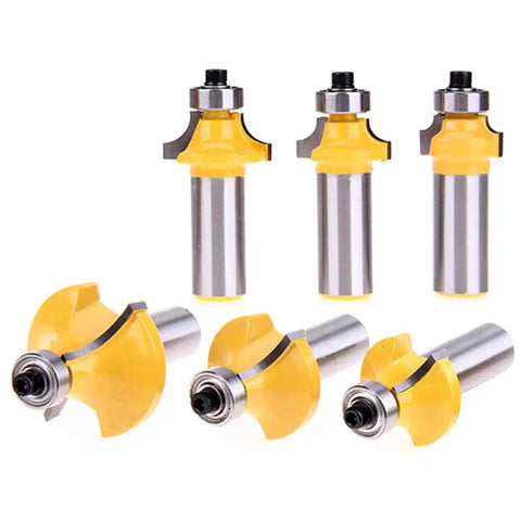 Top Shelf 6 Piece Half Inch Shank Router Bit Set For Flawless Corner Rounding And Edge Forming Hella Sharp Carbide Blades With Heat Resistant Teflon Coating For Killer Woodworking Results, showing six router bits with yellow Teflon coating.