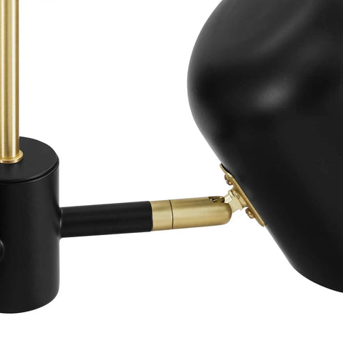 Close-up of Briana 3 Light Pendant Ceiling Light In Black Finish showing black metal shade and brass connection detail.