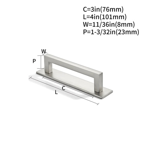 Image showing a 5 Pack 3 Inch Hole Center Brushed Satin Nickel Cabinet Pull with backplate, highlighting dimensions and robust design.