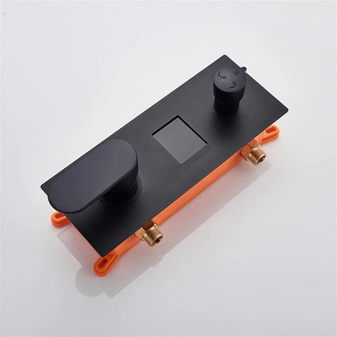 RIBEUJIZS Digital Shower System black mixer kit control panel with LCD display and two knobs, wall mounted installation.