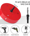 Front view of red 4.5-inch bi-metal hole saw with arbor for metal, wood, and plastic (114 mm).