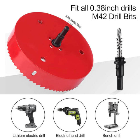 Front view of red 4.5-inch bi-metal hole saw with arbor for metal, wood, and plastic (114 mm).