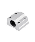 Close-up of a SCS8UU linear slide block from the 20 Pcs Pack 8mm Linear Motion Rod Shaft Guide Set With Four 400mm Rails Eight SCS8UU Linear Slide Blocks And Eight SK8 Rod Rail Supports For 3D Printers And DIY CNC Machinery.