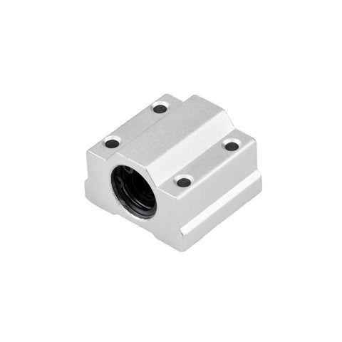Close-up of a SCS8UU linear slide block from the 20 Pcs Pack 8mm Linear Motion Rod Shaft Guide Set With Four 400mm Rails Eight SCS8UU Linear Slide Blocks And Eight SK8 Rod Rail Supports For 3D Printers And DIY CNC Machinery.