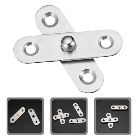 Close-up of stainless steel pivot cabinet hinge showcasing hidden design with four attachment holes and smooth finish.