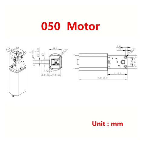 Technical drawing of Micro Worm Gear Motor 050 N30 N20 3V To 12V DC Right Angle Output Shaft All Metal Gearbox Slow Speed Reduction