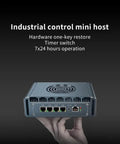 Industrial control mini host with Ethernet ports and fan, designed for 24/7 operational use, featuring timer switch functionality.