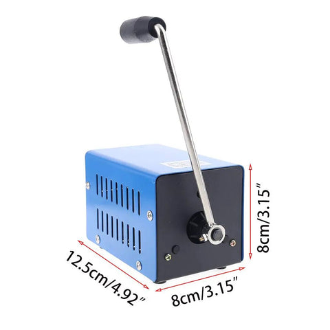 Grab And Go Crank Powered 20W Portable Power Generator with dimensions shown, featuring a blue and black design for emergency use.