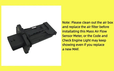 Mass Air Flow Sensor Easy Drop In Replacement For Nissan Altima 2.5L 2013 To 2015, Sentra 1.8L 2013 To 2015, black sensor on yellow background