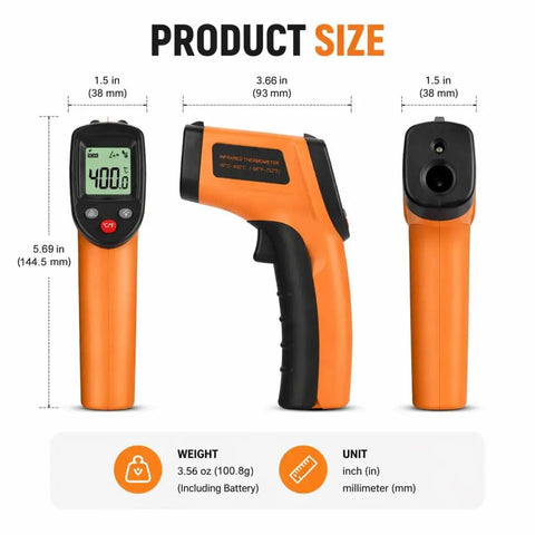 Non Contact Infrared Thermometer Gun With Laser Pointer And Backlit LCD, orange and black, 5.69 in size diagram