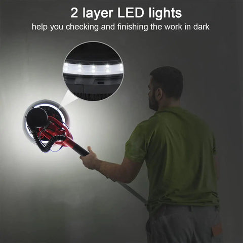 Person using Drywall Sander With Vacuum System, 800W Electric Sander With 7 Variable Speeds 800-1750 RPM, LED Work Light