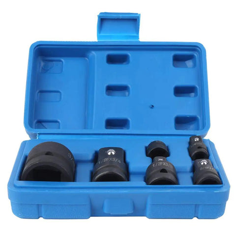 Rugged 6 Piece Impact Socket Adapter Kit With Hard Cr Mo Steel Sleeves For 1/2 And 1/4 Inch Drives To Make Heavy Torque Jobs A Breeze Without Slipping, blue case