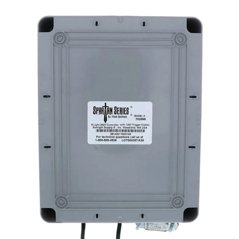 Back view of Spartan Series 8 Light Grow Controller For 240V Setups With Dual Trigger Cords Delay Start Scheduling Universal 120V 240V Outlets.