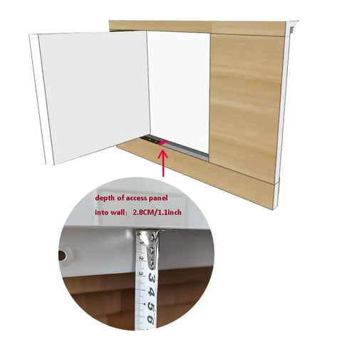 Heavy Duty Metal Access Panel 18 X 24 Inch Spring Loaded Drywall Cover Touch Latch No Key Needed showing depth dimensions.