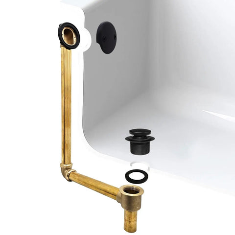 22 Inch Direct Connect Solid Brass Waste And Overflow Kit With Tip Toe Drain Trim Knockout Style Slick Matte Black Finish Heavy Duty Seventeen Gauge Tubing installed in a bathtub.