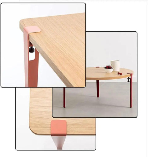 Adjustable Metal Table Legs With Signature F Shape Profile And Self Leveling Base Heavy Duty Powder Coated Steel Construction No Drill Assembly on table with wooden top.