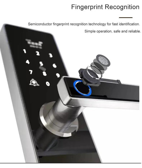 Heavy Duty Fingerprint Smart Digital Deadbolt Lock With Built In Doorbell And Slick Electronic Keypad Access Tailored For Zero Hassle Home Security On Just About Any Wood Or Security Door showing fingerprint recognition technology.