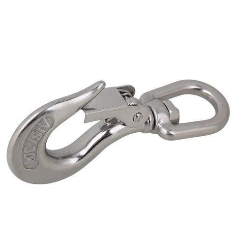 Bulletproof 304 Stainless Steel Swivel Eye Lifting Hook With 360 Degree Spin And Round Loop For Heavy Haul Rigging Mining Work Construction Sites Handles Up To 150 Kilos Easy, close-up view of lifting hook