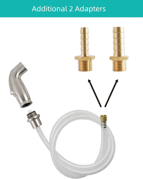 All In One Kitchen Sink Spray Attachment Kit With Hose And Holder Side Sprayer Compatible With Moen And Delta Faucets Replacement Sprayer In Brushed Nickel Includes Quick Connect Adapter Plus One Quarter Inch Barb And Three Eighth Inch Barb Adapters, showing sprayer, hose, and two brass adapters