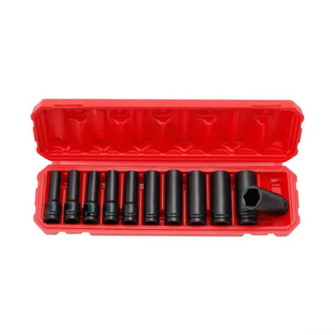 Top Rated 1/2 Inch Drive Socket Set For Impact Wrenches With 11 Piece Metric Hex Kit Made From Heavy Duty Chrome Vanadium Steel Perfect For Tough Jobs And Deep Guts Garage Work, red case open