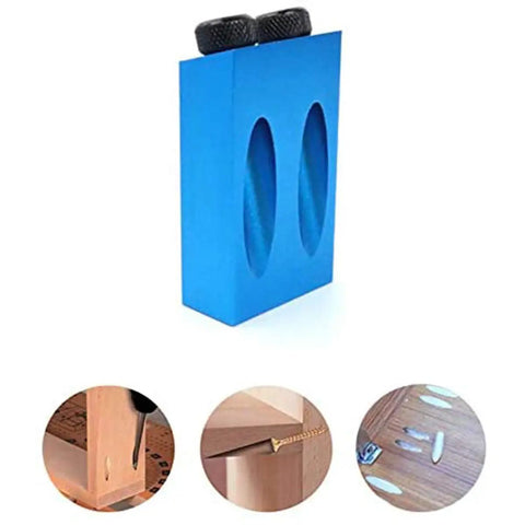 Pocket Hole Jig Kit 14 Piece Set With 15 Degree Dowel Drill, 6/8/10mm Drive Adapters, blue carpenters locator jig displayed