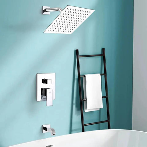 Top Notch Chrome Shower System With Rainfall Head Wall Mounted Faucet With Tub Spout Handle Set Trim Kit And Rough In Valve