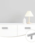 2-Pack Modern Stainless Steel T Bar Cabinet Knobs and Pulls, 2 Inch Single Hole Handles on white dresser drawers