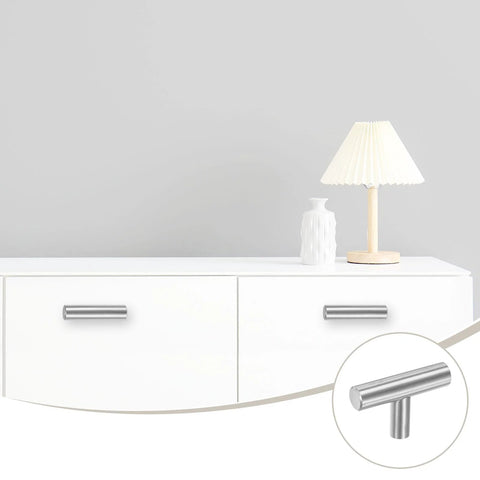 2-Pack Modern Stainless Steel T Bar Cabinet Knobs and Pulls, 2 Inch Single Hole Handles on white dresser drawers