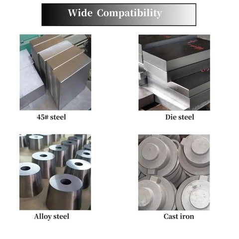 Variety of steel and cast iron blocks labeled 45# steel, die steel, alloy steel, and cast iron demonstrating wide compatibility.