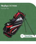 DCT4000 16 Piece Golf Club Set With Bag For Right Hand Players, stand bag with black and red design, showing support legs.