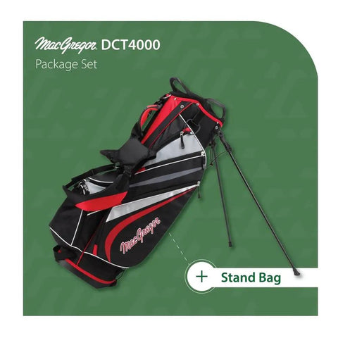 DCT4000 16 Piece Golf Club Set With Bag For Right Hand Players, stand bag with black and red design, showing support legs.