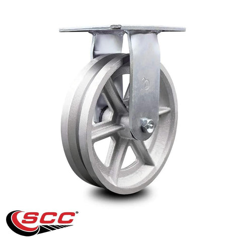 Swivel caster with top plate, V-groove semi-steel wheel, 8 in diameter x 2 in wide, Service Caster, 1250 lb capacity.
