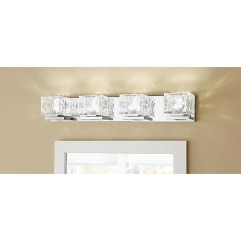 Slick Chrome 24 Watt Integrated LED Bathroom Vanity Light With Clear Cube Glass Diffuser above a mirror
