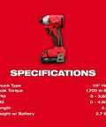 Compact 2-Tool Combo Kit with Brushless Impact Driver and Wrench Boss Gear for Demanding Jobs specifications on red background.