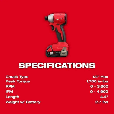 Compact 2-Tool Combo Kit with Brushless Impact Driver and Wrench Boss Gear for Demanding Jobs specifications on red background.
