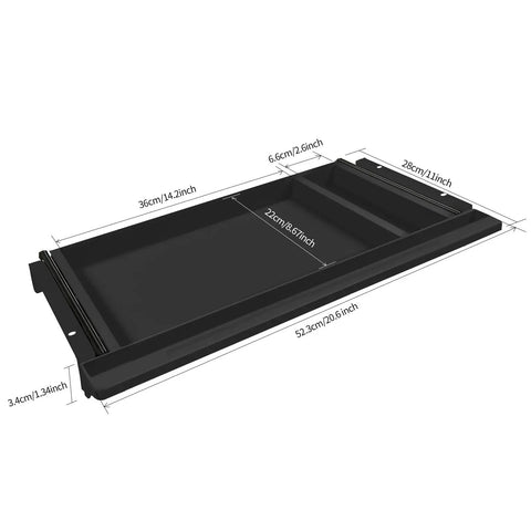 Under Desk Sliding Drawer With Ball Bearing Slides, dimensions shown, black finish, perfect pencil drawer for sit stand desk frames