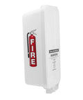 Six Pack White Outdoor Fire Extinguisher Cabinet With Clear Pull Cover For Ten Pound Fire Safety Gear Heavy Duty Weatherproof Wall Mount Storage Lock Box side view with fire sign