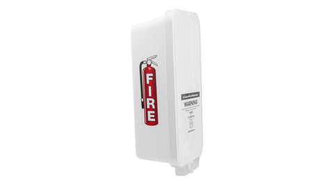 Six Pack White Outdoor Fire Extinguisher Cabinet With Clear Pull Cover For Ten Pound Fire Safety Gear Heavy Duty Weatherproof Wall Mount Storage Lock Box side view with fire sign