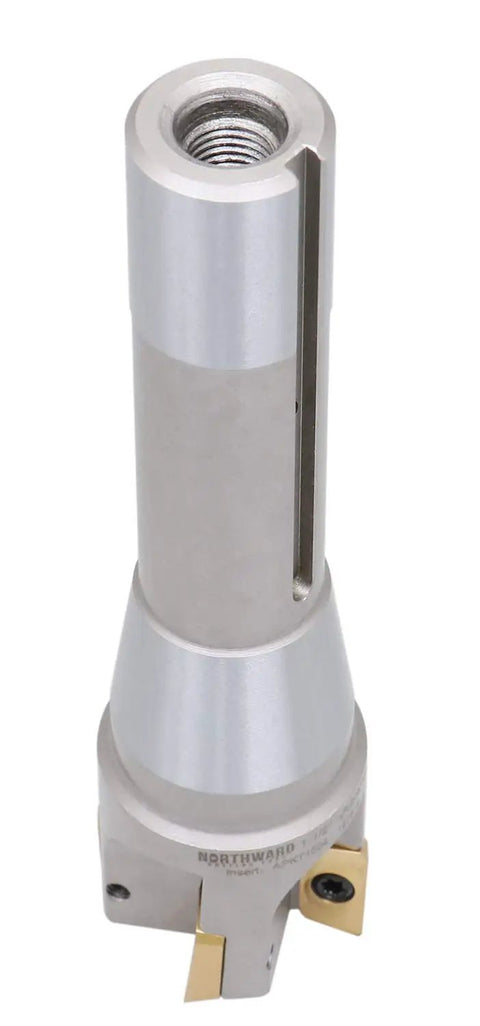 1-1/2 Inch Diameter Indexable End Mill With 6-1/8 Inch OAL, 90 Degree R8 Shank, Four APKT1604 Carbide Inserts Tin Coated, Right-Hand Cut, 90 Degree Cutting Angle, Inserts Installed, No Coolant