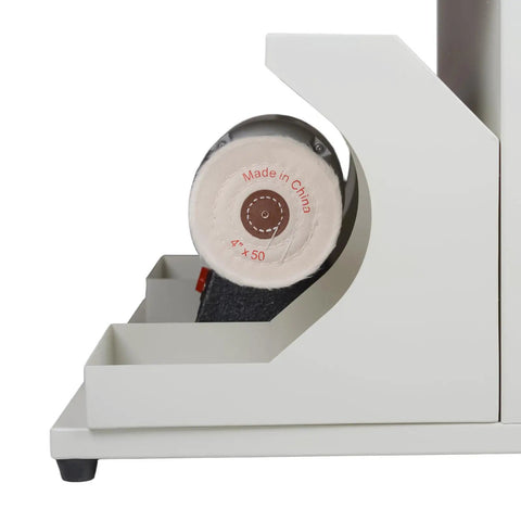 Badass Heavy Duty Double Head Bench Grinder With Slick 550W Copper Motor And Built In Bright Led Workspace Lamp Runs Smooth At 2800 Rpm showing the cloth wheel and storage.
