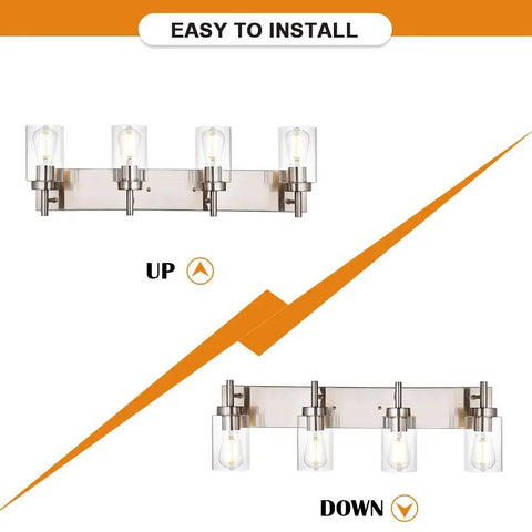 Four Light Brushed Nickel Bathroom Vanity Light Fixture, Modern Industrial Wall Sconces, up and down installation view