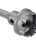 Close-up of CT5 carbide tipped hole cutter for electric drills, showcasing design and teeth for faster, more accurate cuts in tough materials.
