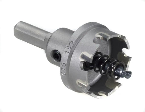 CT5 carbide tipped hole cutter for electric drills, showing tip and shank, up to three sixteenth inch depth of cut for multiple materials.