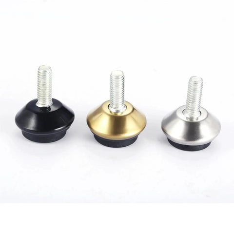 Three 20Pcs Adjustable Furniture Leveler Feet with M6 Threads in black, gold, and silver for stable, wobble-free setups.